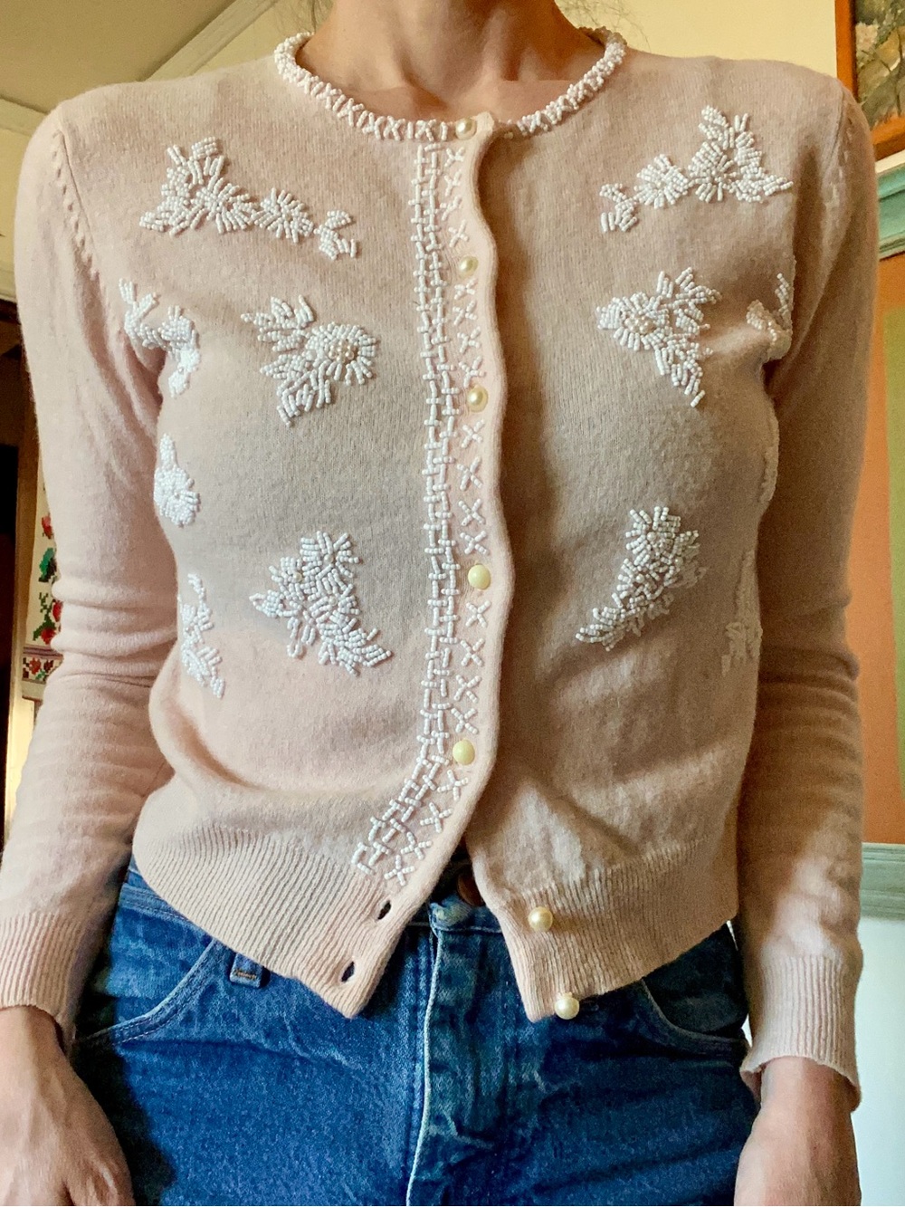 Vintage Pale Pink Beaded Cardigan Sweater